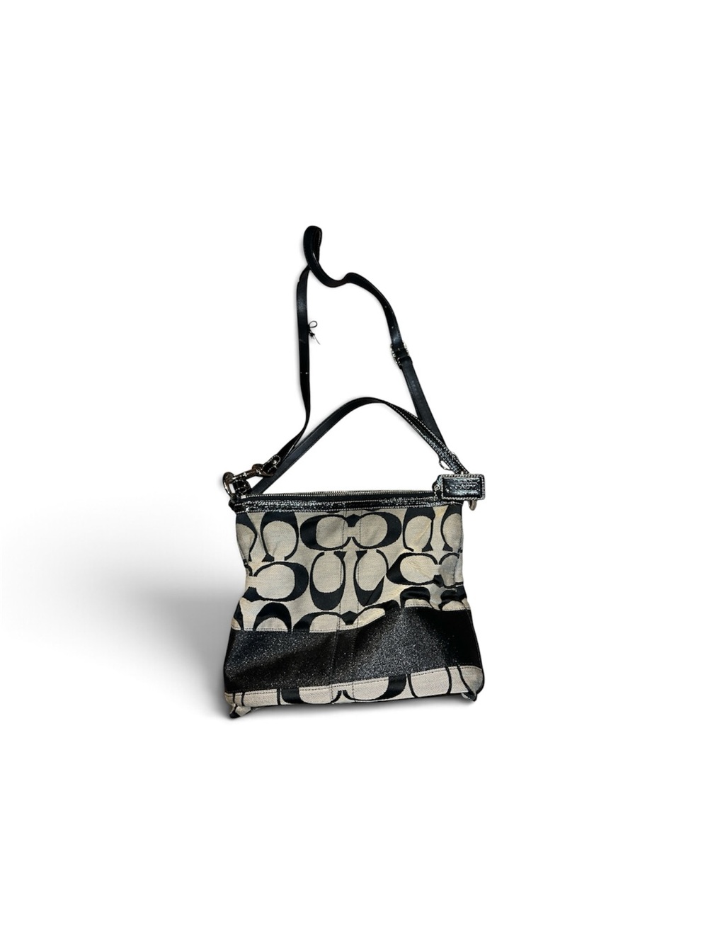 Coach Black and Beige Signature Canvas Crossbody with Leather Trim
